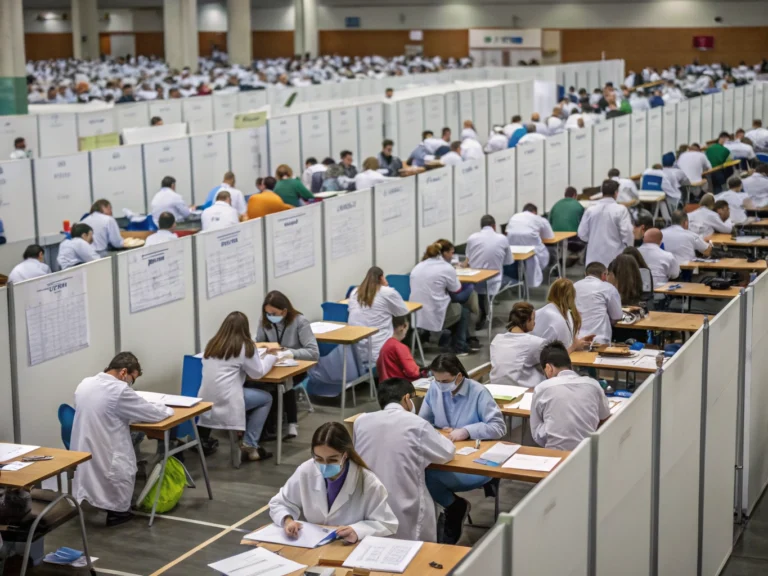 Opositores durante el examen MIR en un pabellón con cabinas individuales