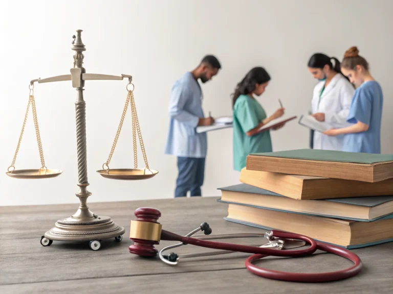 Balanza de la justicia junto a libros y un fonendoscopio, con profesionales sanitarios de fondo